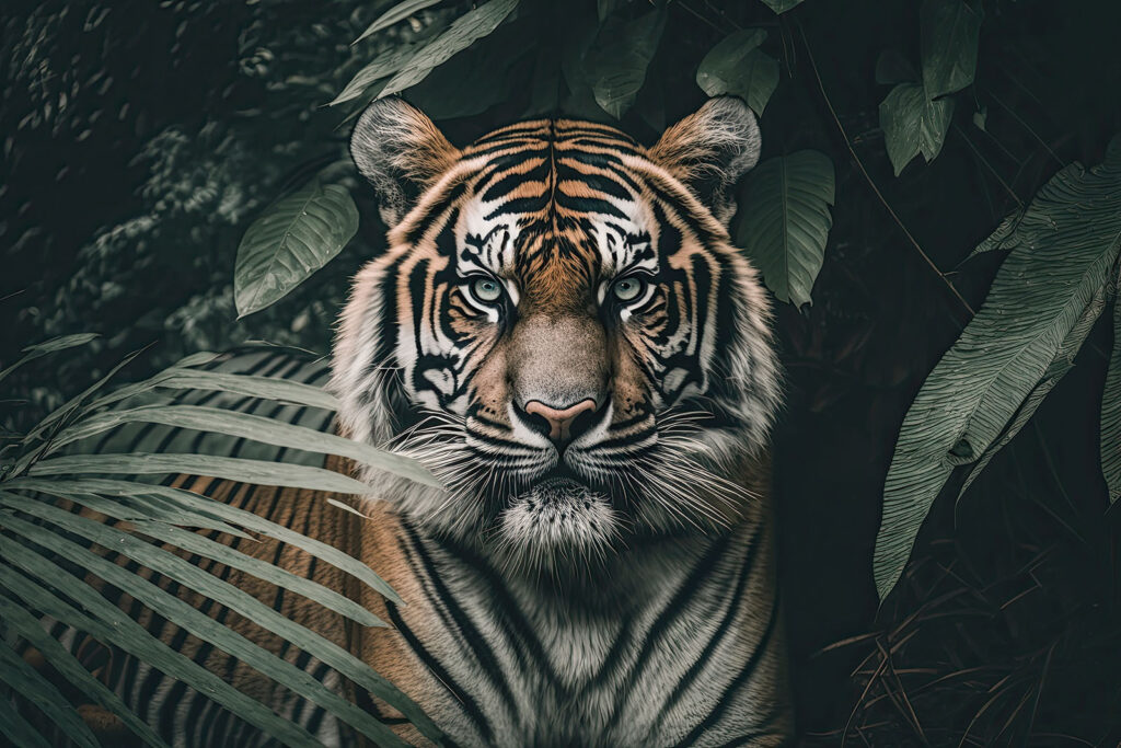Tiger among dark leaves — full design