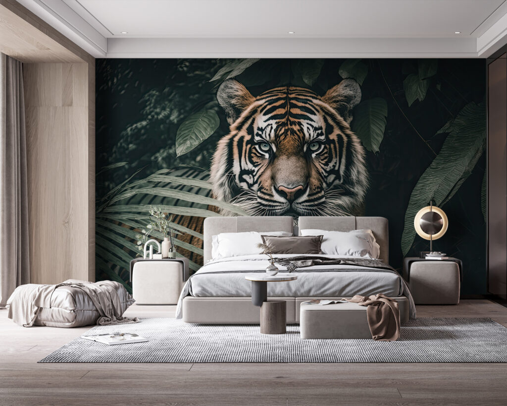 Tiger among dark leaves — interior 1
