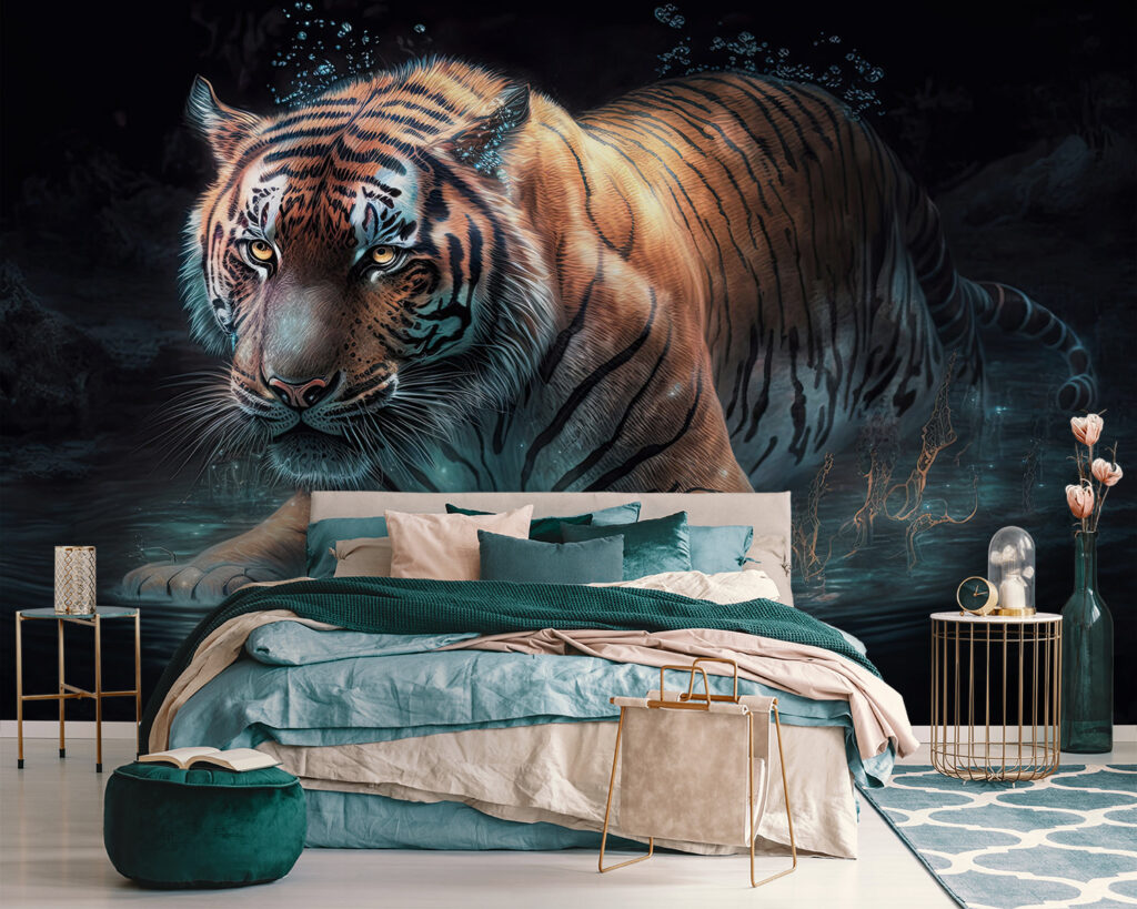 Tiger wading through water — interior 1