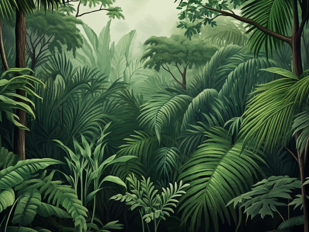 Green ferns, jungle path — full design