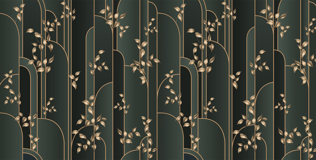Gold tendrils, dark arches — full design