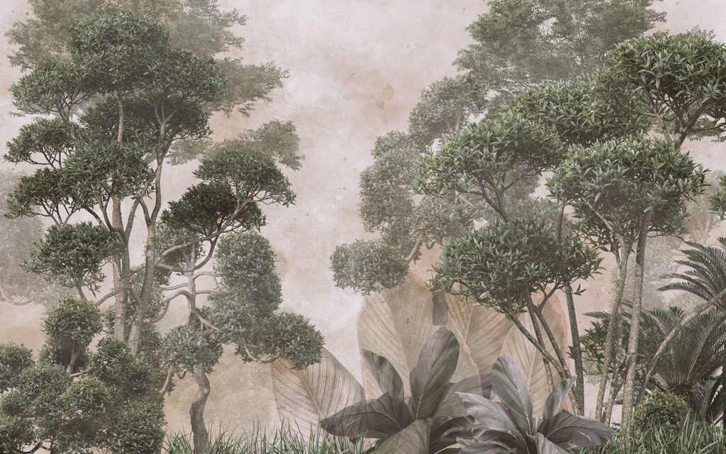Green trees in mist — full design