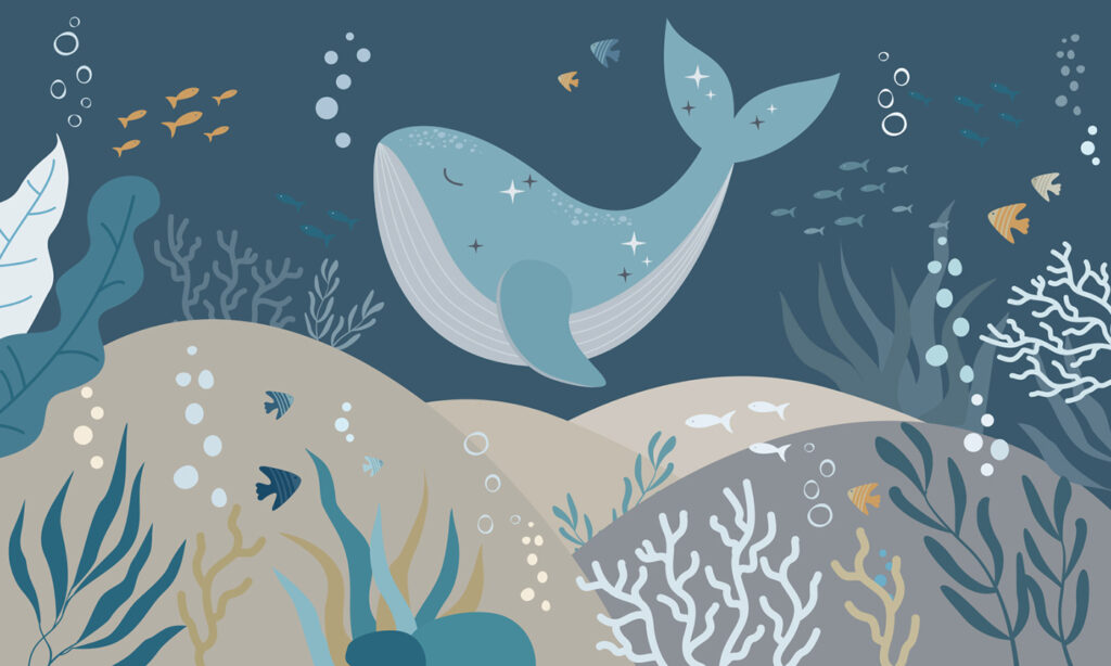 Whale above blue seabed — full design