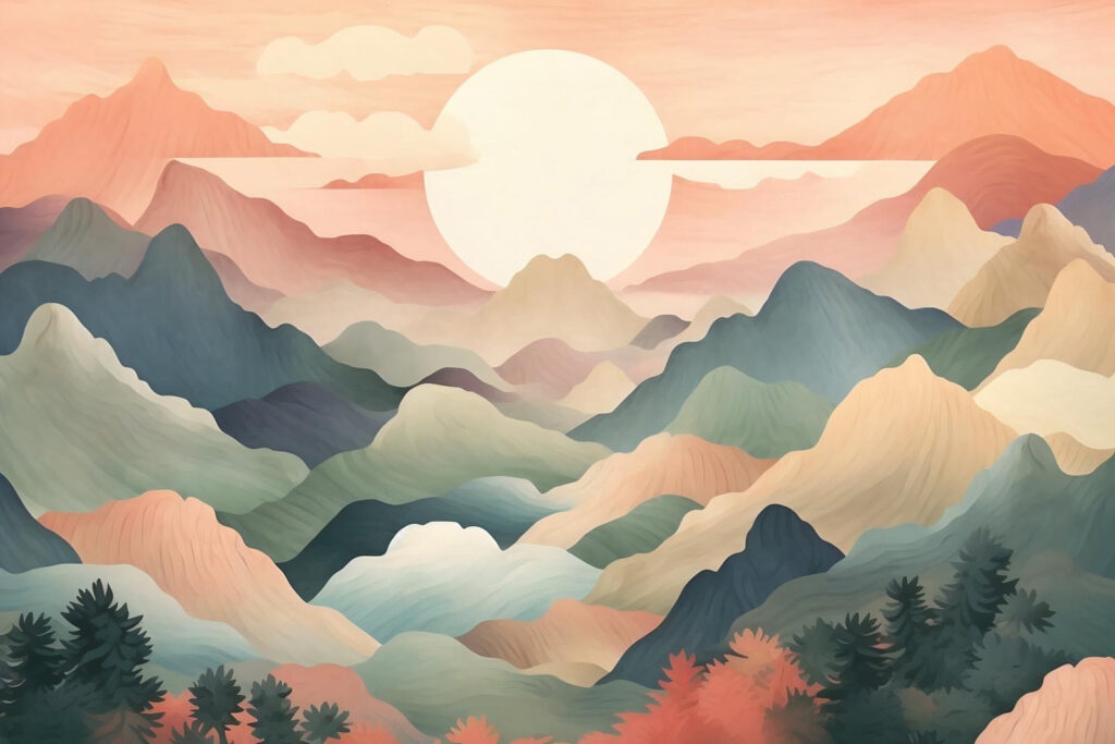 Sun between mountain layers — full design