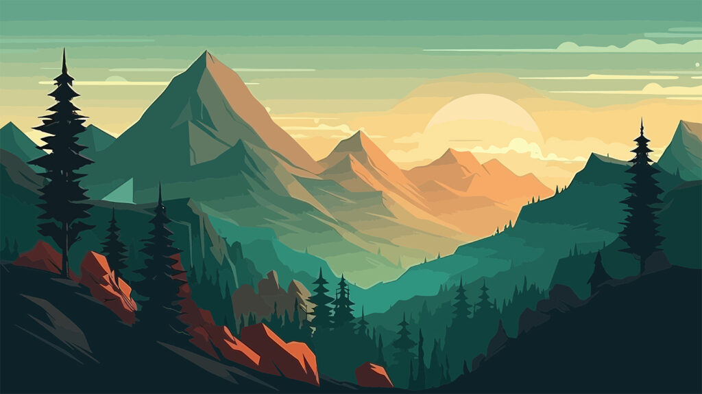 Mountains in flat colours — full design