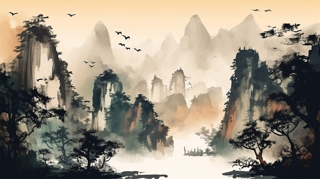 Boat among rock peaks — full design