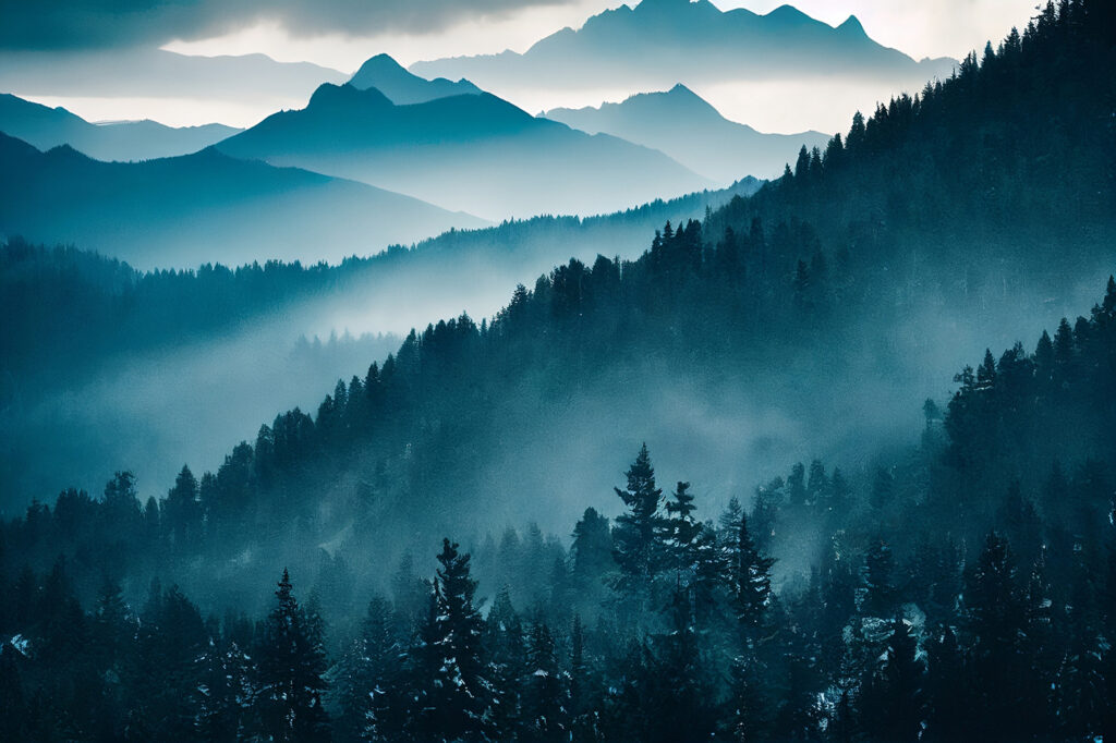 Mist on pine slopes — full design