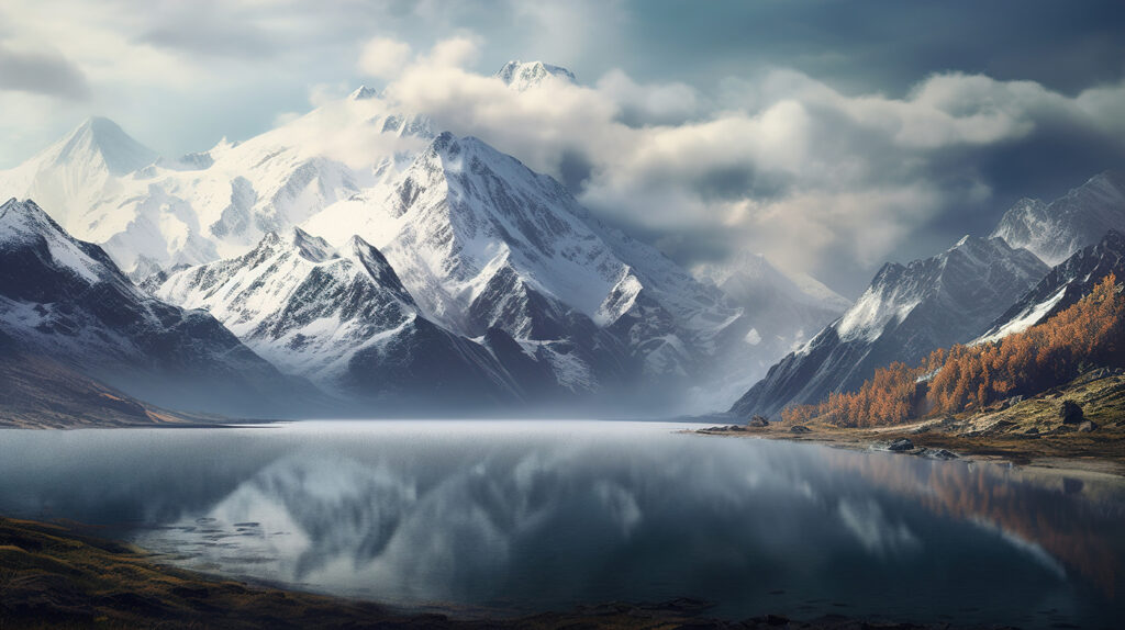 Mountains mirrored in lake — full design