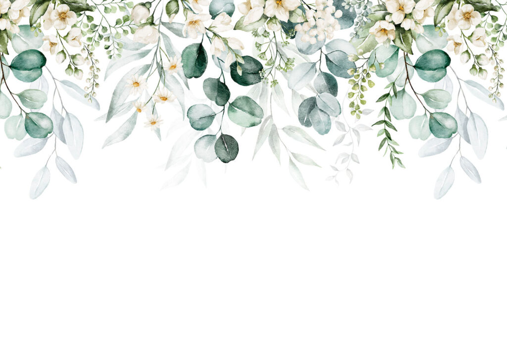 White flowers, hanging leaves — full design