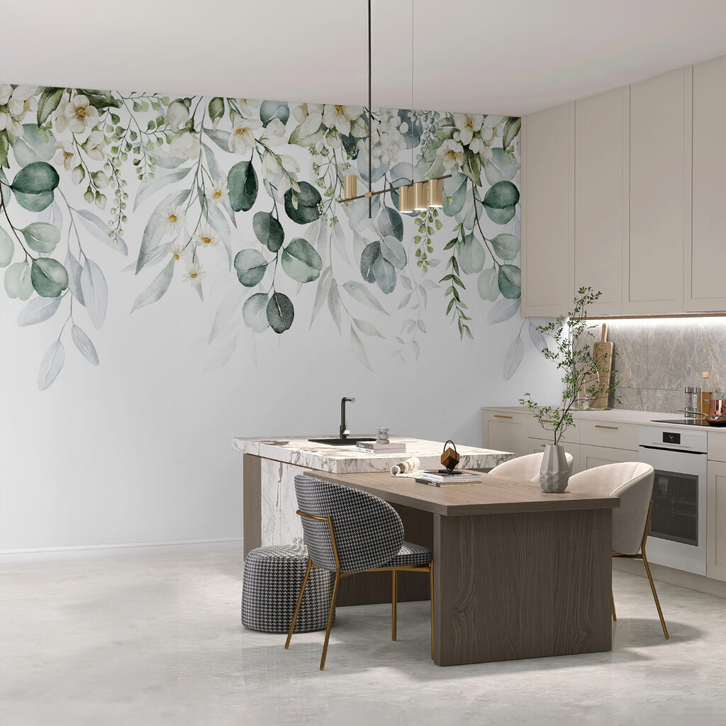 White flowers, hanging leaves — interior 1