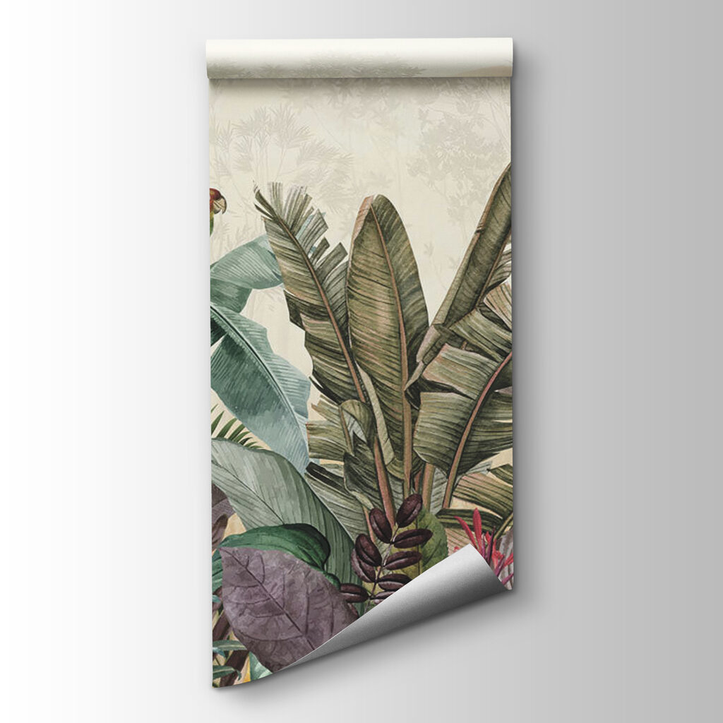 Parrots above pastel jungle — product view