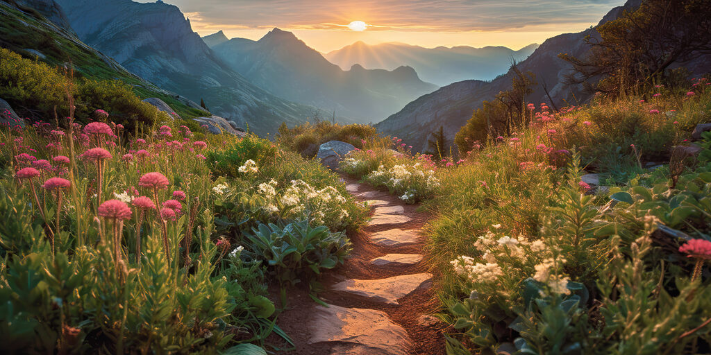 Mountain path, golden dusk — full design