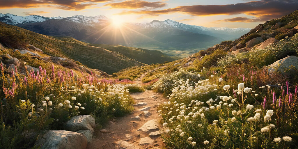 Stone path, mountain sun — full design