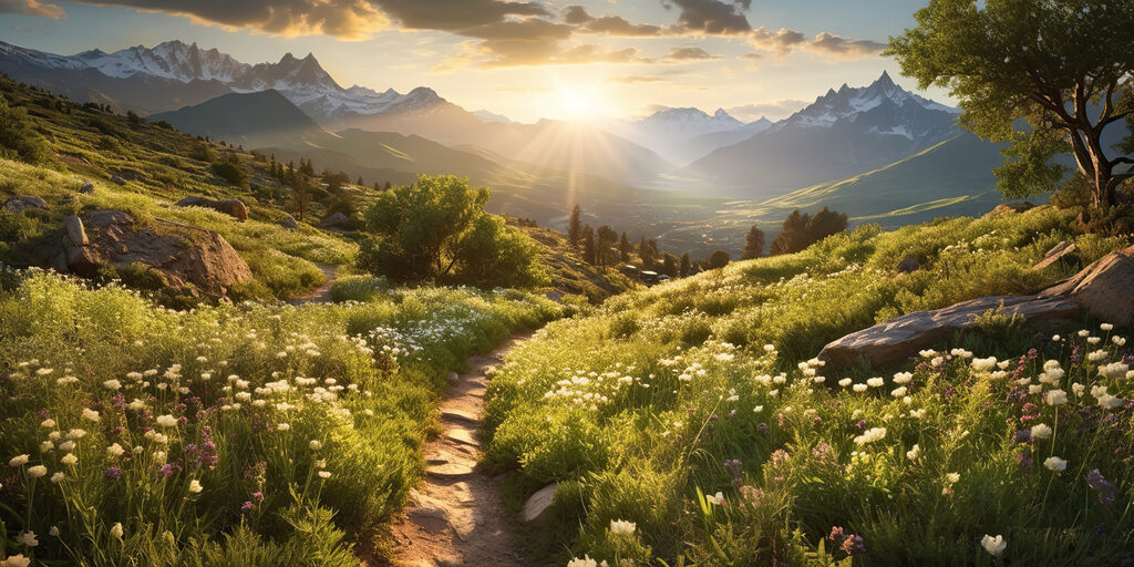 Narrow path through flowers — full design