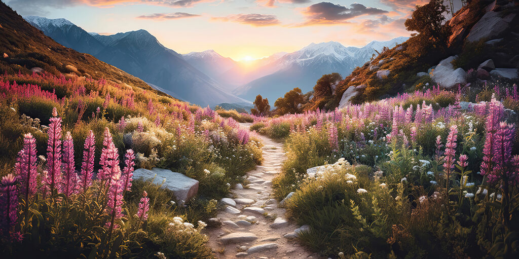 Path between tall flowers — full design
