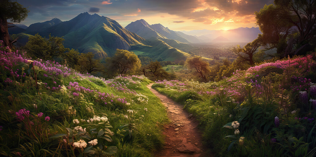Mountain path by meadows — full design