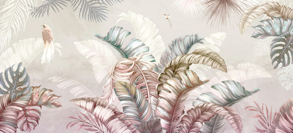 Small birds among leaves — full design