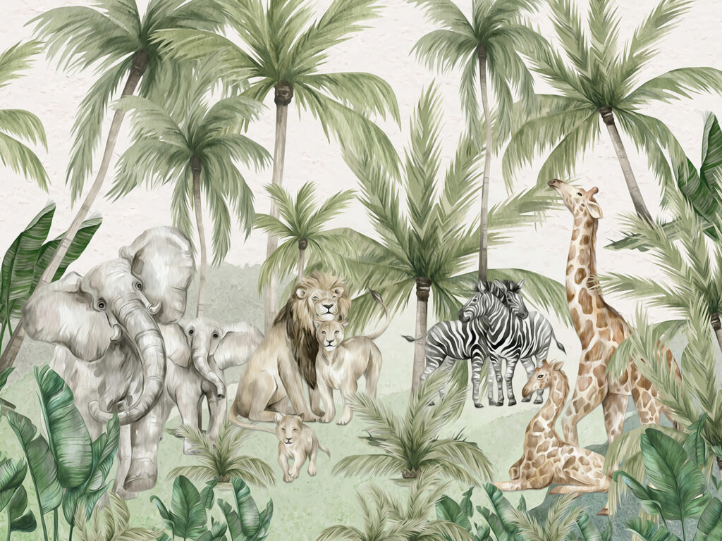 Safari animals among palms — full design