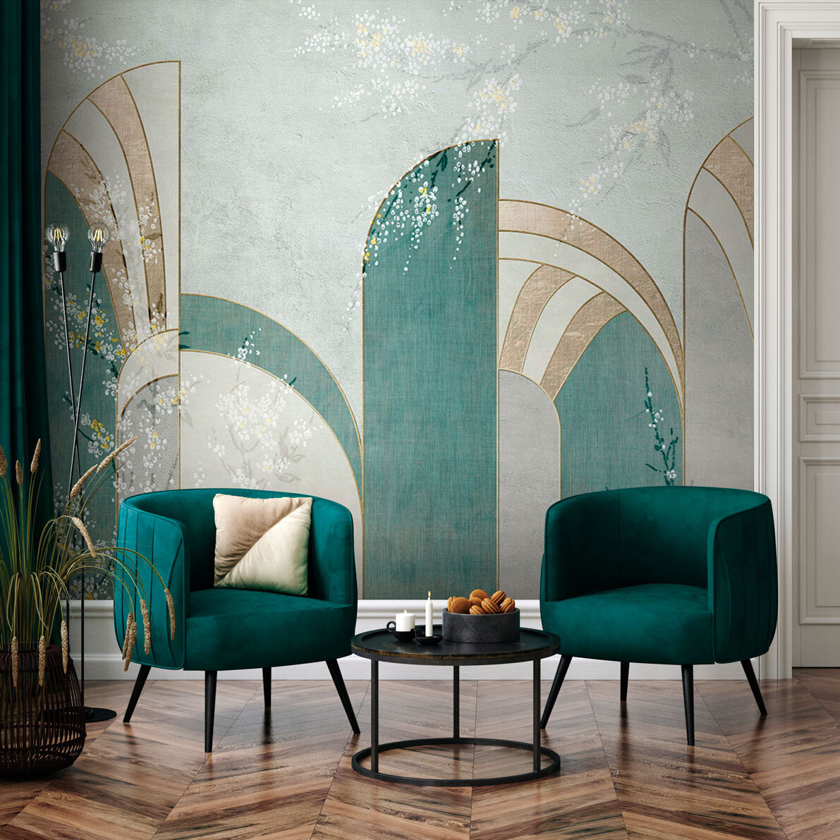 Turquoise arches with blossoms — interior 5