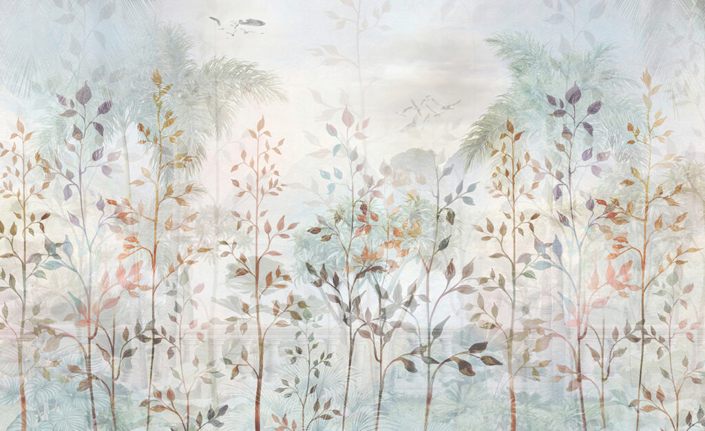 Leaves above distant palms — full design