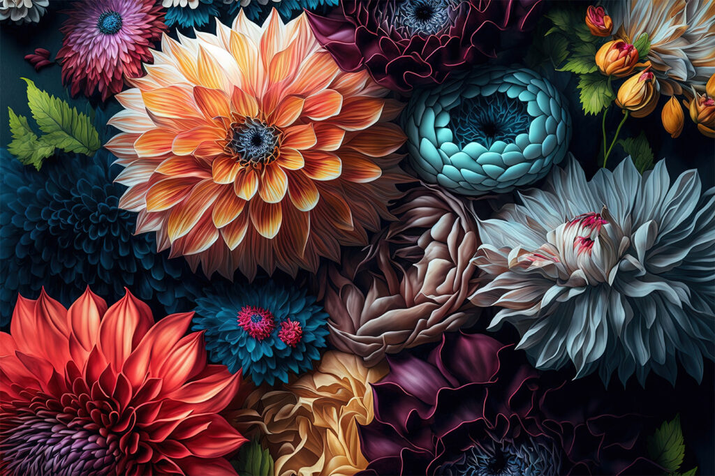 Dahlias in deep shadow — full design