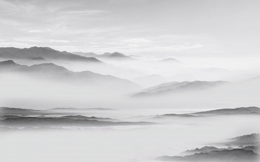 Grey mountains in mist — full design