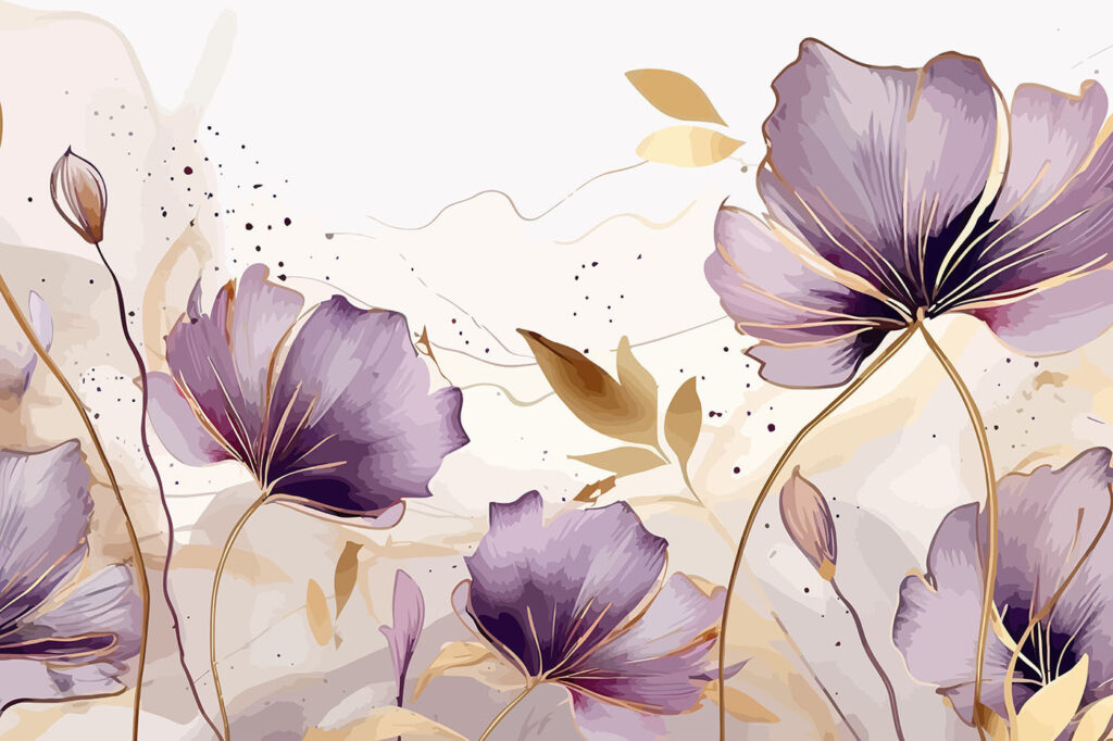 Purple blooms, gold lines — full design