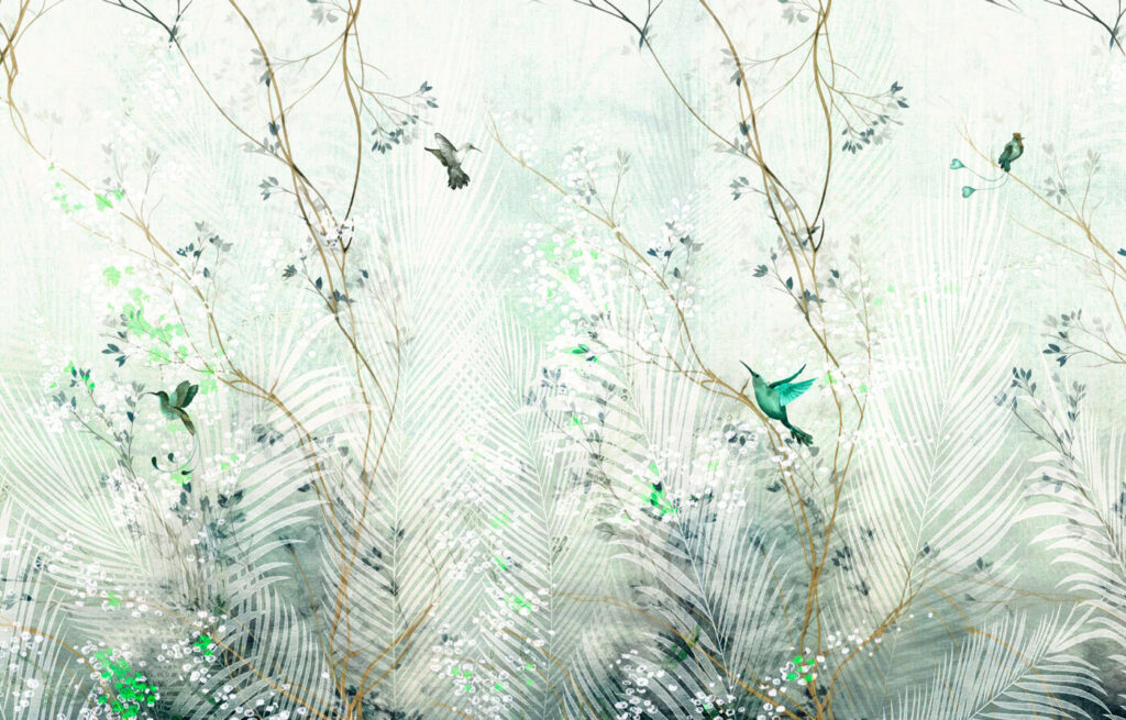 Birds among palm fronds — full design