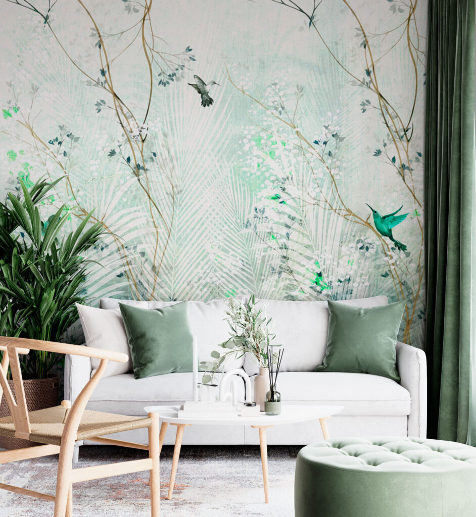 Birds among palm fronds — interior 1