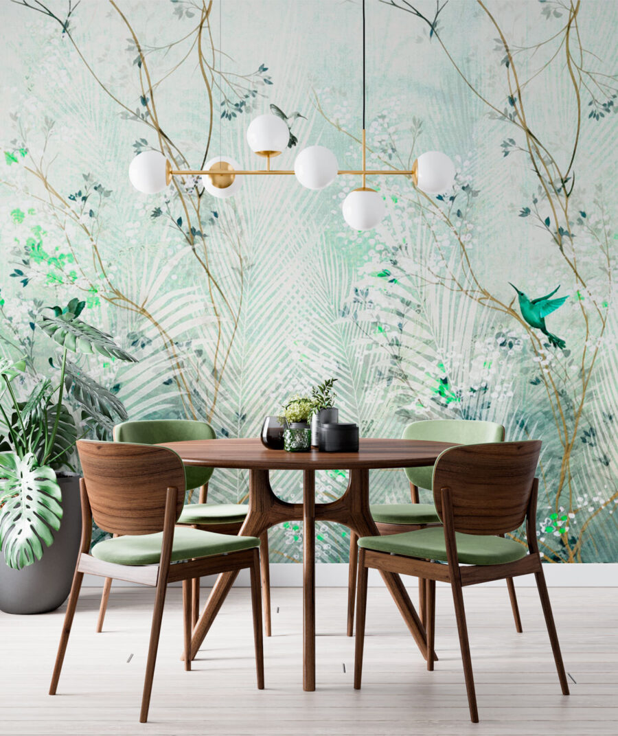 Birds among palm fronds — interior 2