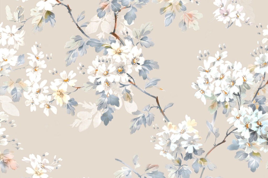 White blossom on taupe — full design