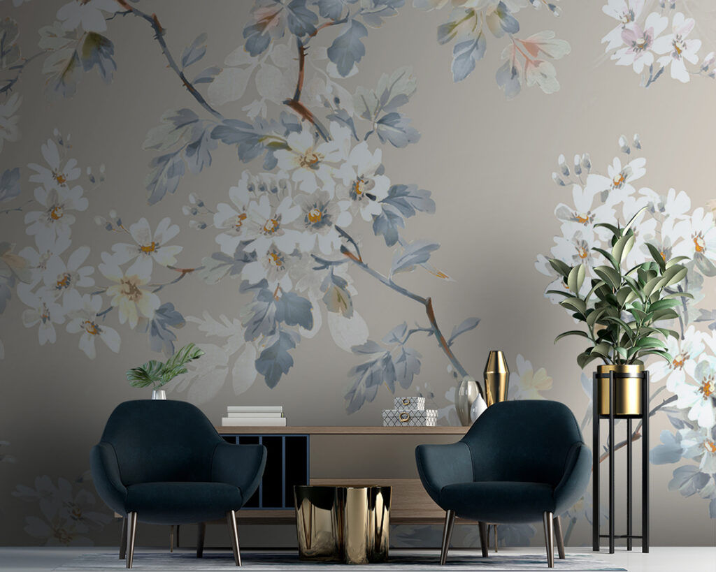 White blossom on taupe — interior 2