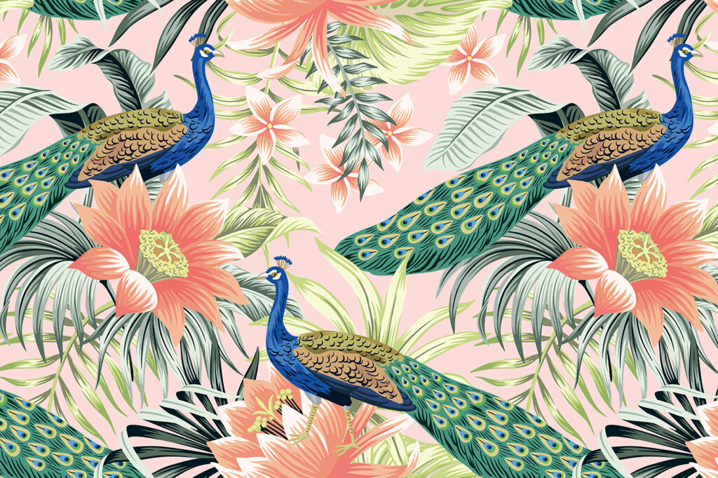 Peacocks among orange flowers — full design