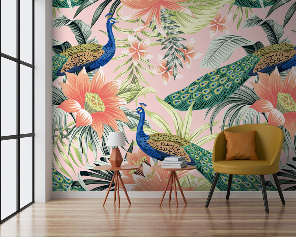 Peacocks among orange flowers — interior 1