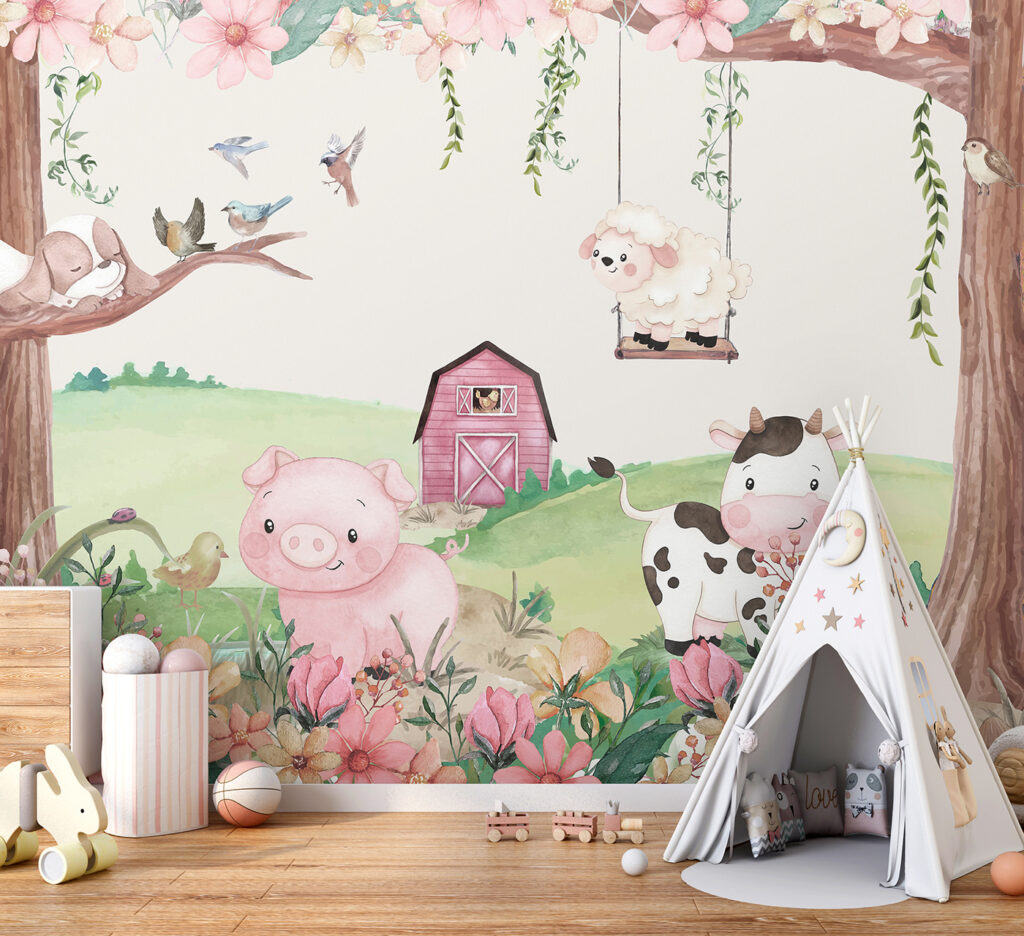 Farm animals under blossom — interior 1