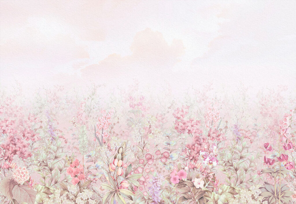 Pink stems fading skyward — full design