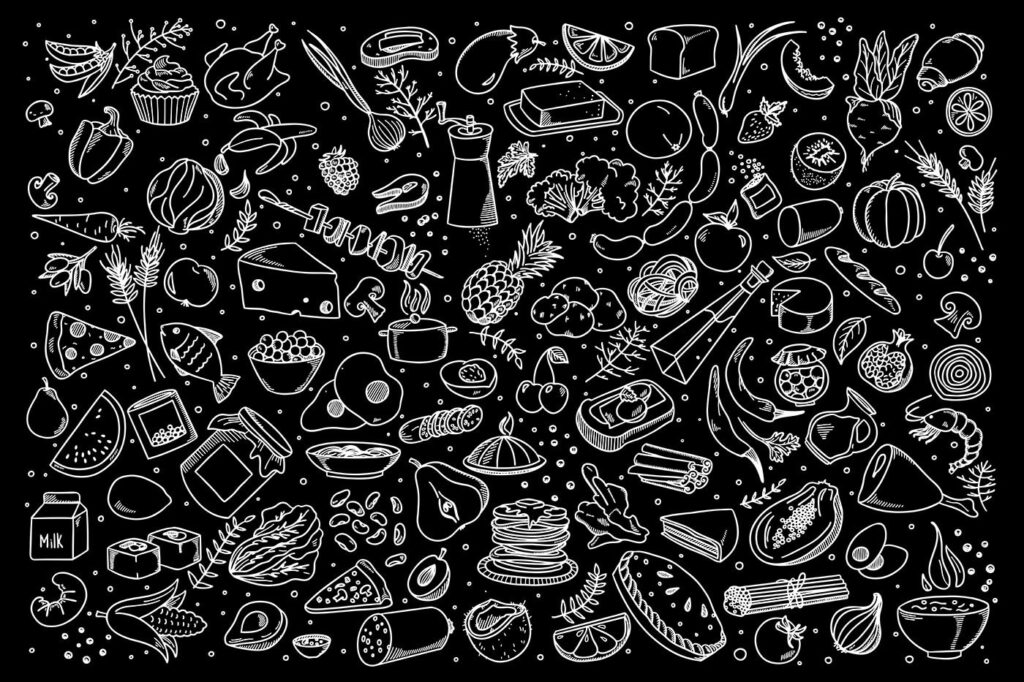 Kitchen doodles on black — full design