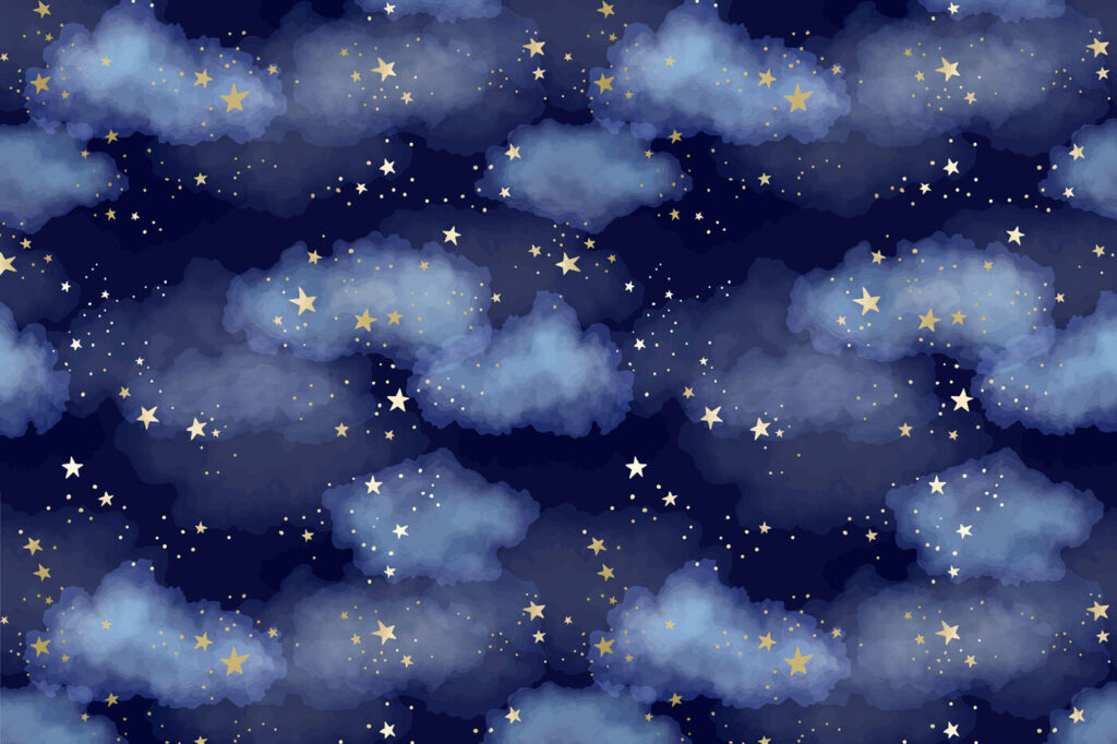 Blue clouds, golden stars — full design