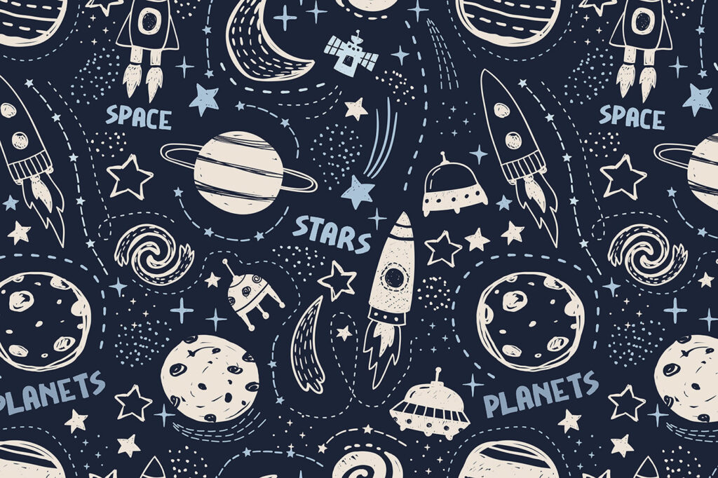 Rockets among planet doodles — full design