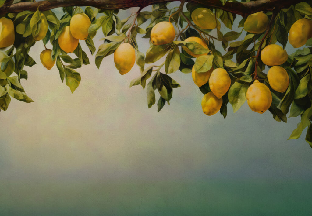 Lemons above paint mist — full design
