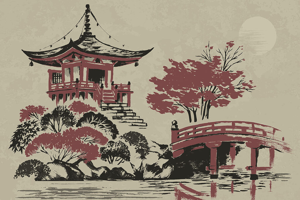 Pagoda with red bridge — full design