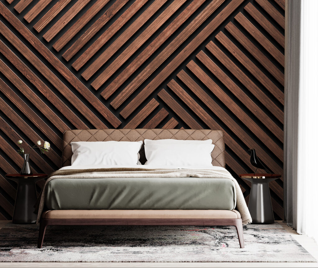 Crossing rust-brown slats — interior 2