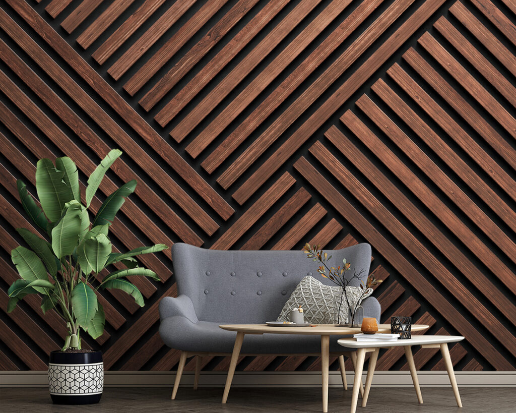 Crossing rust-brown slats — interior 1