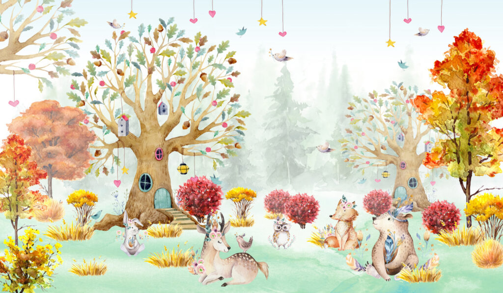 Woodland friends, colourful tree — full design