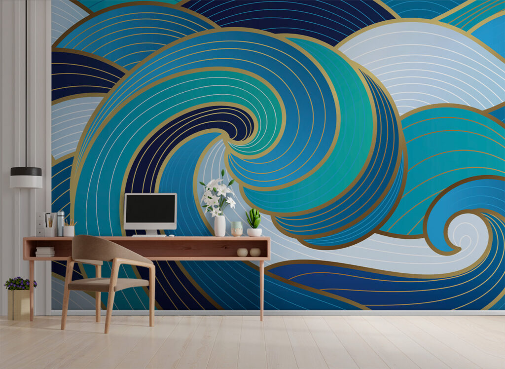 Blue waves, gold lines — interior 1