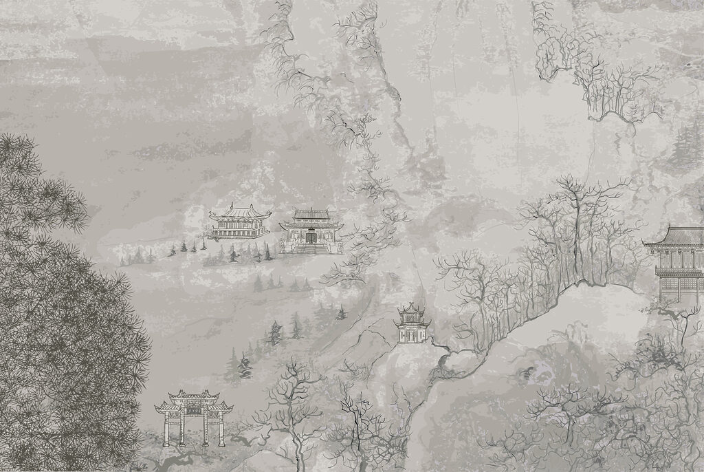 Misty pagoda landscape — full design