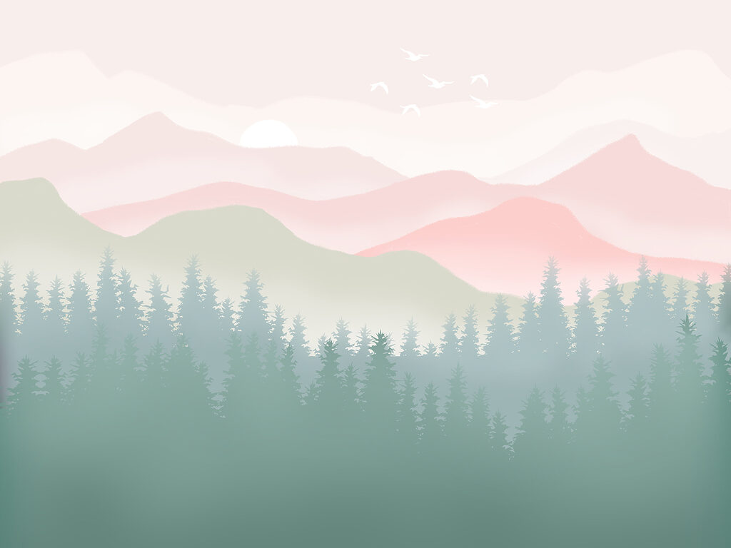 Mountains above pines — full design