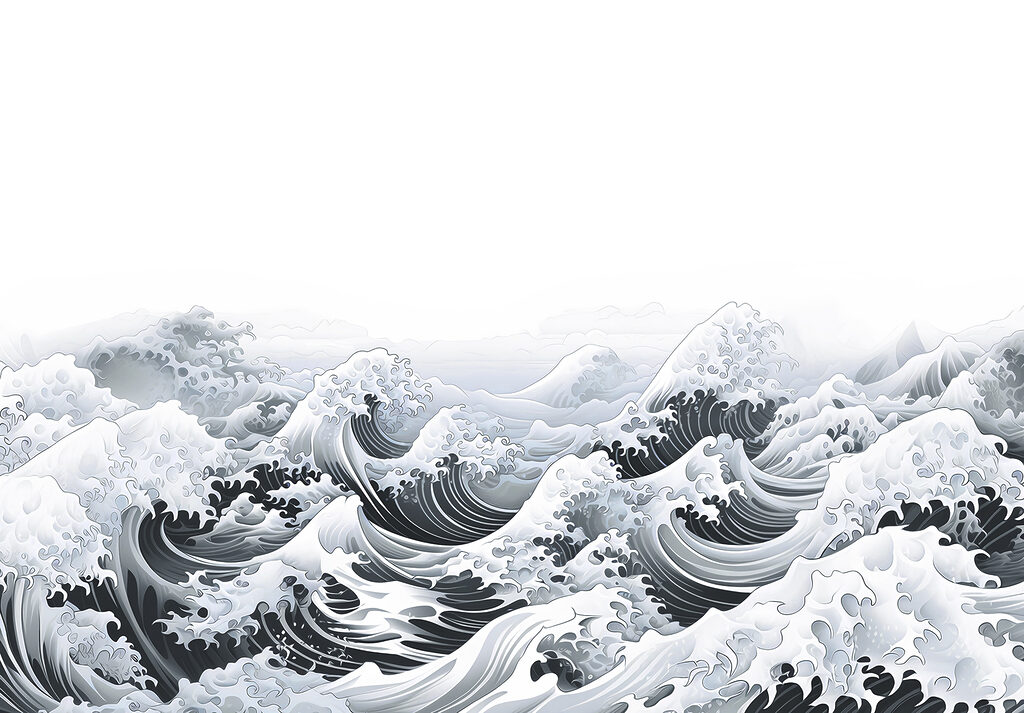 Waves in woodcut style — full design