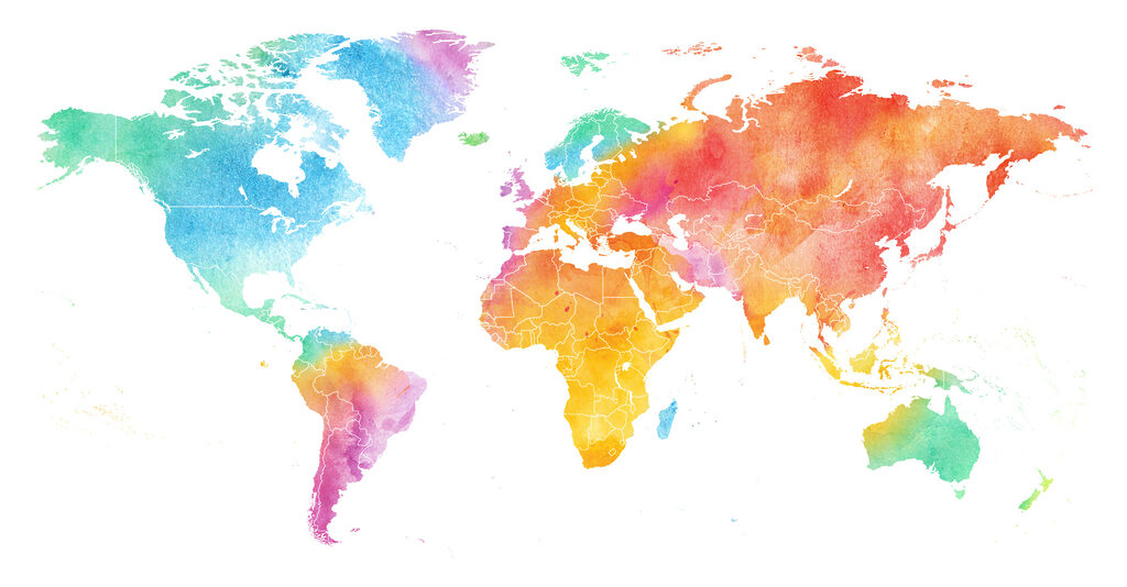 Rainbow watercolour world map — full design