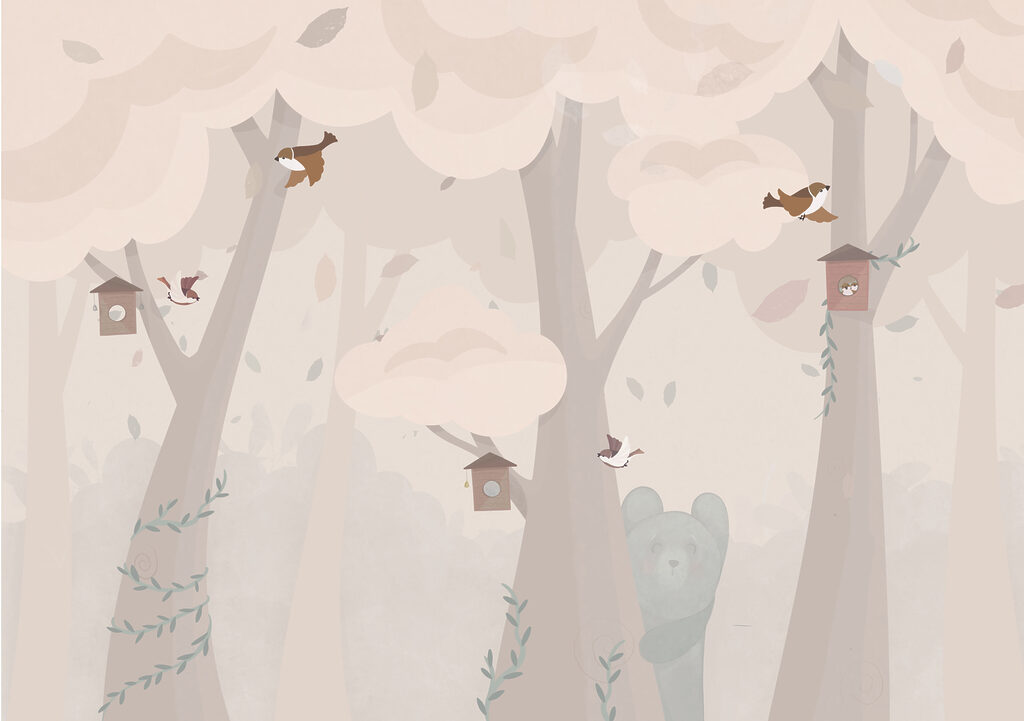 Birds among pastel trees — full design